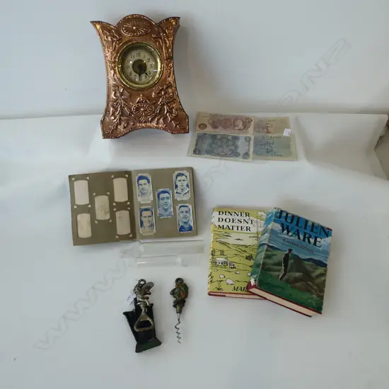 CLOCK, VINTAGE BANK NOTES, NOVELTY CORK SCREWS, 2 1st ed. NOVELS...