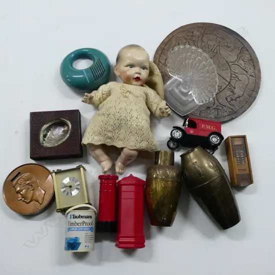 DOLL, MONEY BANKS, RADIOS 2 COPPER VASES ETC