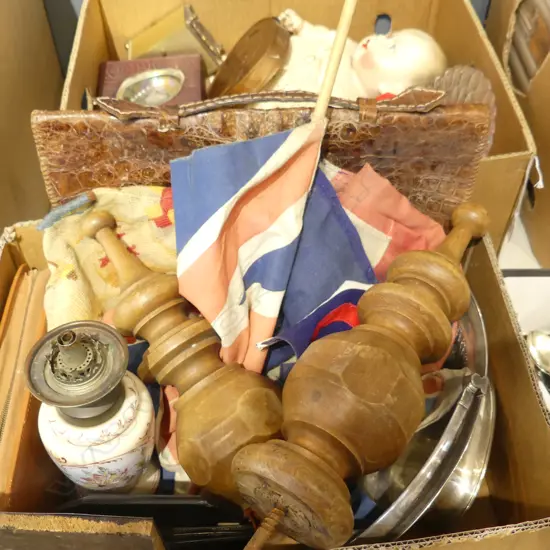 UNION JACK FLAGS, LG PR TURNED WOODEN CURTAIN ROD ENDS, ETC