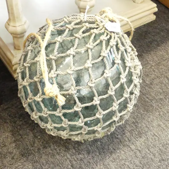 OLD GLASS FISHING FLOAT w. NETTING APPROX DIA.300mm hand blown