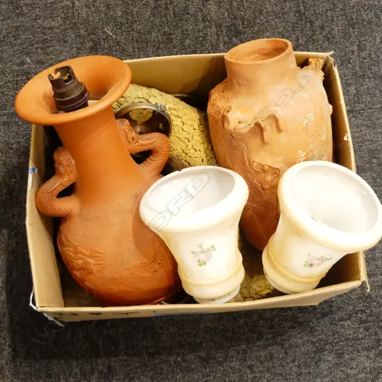 2 ORIENTAL TERRACOTTA VASES (1 A LAMP) ETC