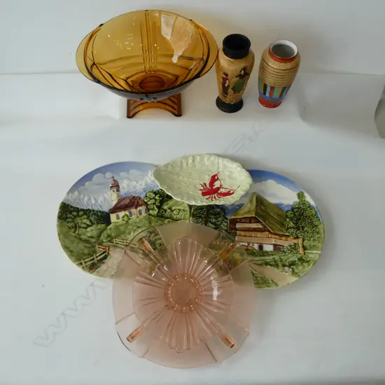 COLLECTION OF DECO GLASS PLATES & LG BOWL, GERMAN MAJOLICA  WALL PLATES ETC