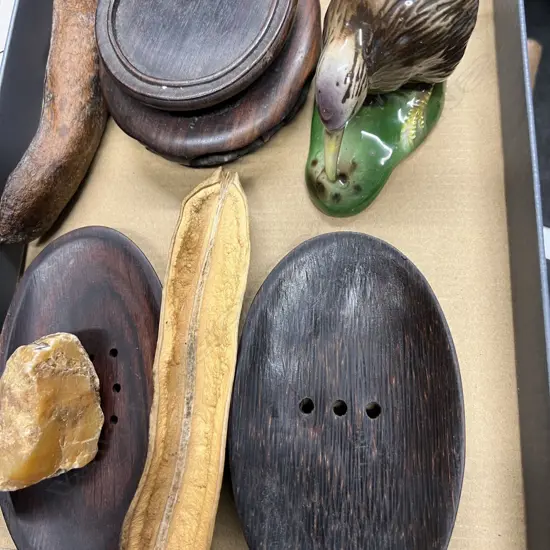 TRAY HARDWOOD STANDS + CERAMIC KIWI ETC