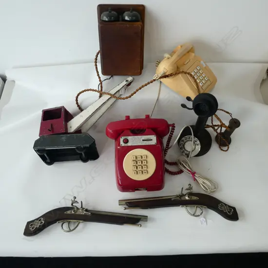 3 DIAL PHONES, 2 PISTOLS, TOY METAL CRANE