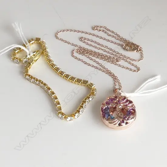 2 PCS, COSTUME DIAMANTE TENNIS BRACELET & 'TREE OF LIFE' PENDANT ON CHAIN