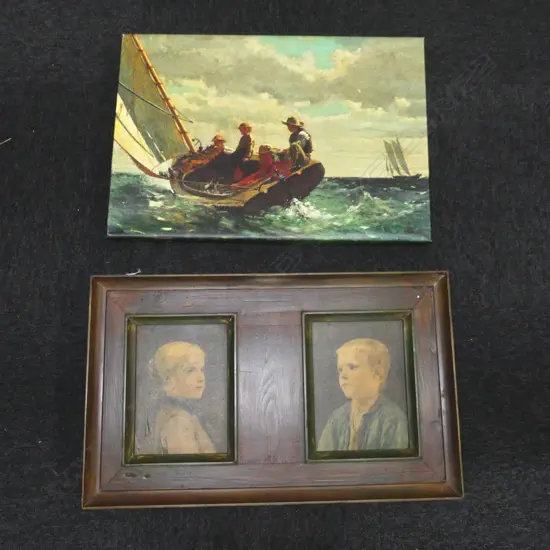 TWO ARTWORKS, FRAMED PRINTS OF BOY &GIRL 440X710mm & NAUTICAL PRINT ON CANVAS 460X660mm