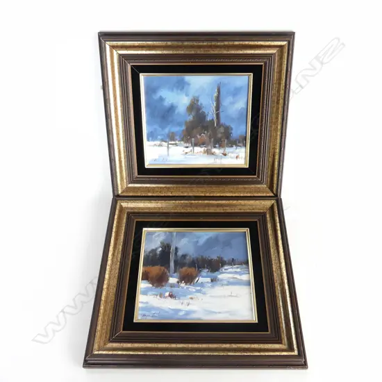 PR WAYNE SINCLAIR OILS 'REEFTON WINTER' & 'WEST COAST WINTER' OIL ON BOARD 195x220mm