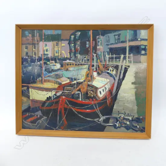 JAMES PRIDDEY (UK 1916-1980), HARBOUR BOATS, OIL ON BOARD 450x555mm