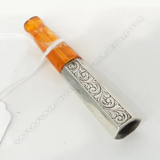 ANTIQUE CONTINENTAL SILVER & AMBER CHEROOT HOLDER , L.80mm