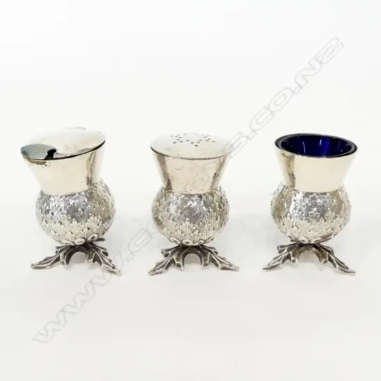 ANTIQUE SILVER PLATE SCOTTISH THISTLE 3PC CRUET SET WITH BLUE GLASS INSERTS ENGLISH MARKERS MARKS