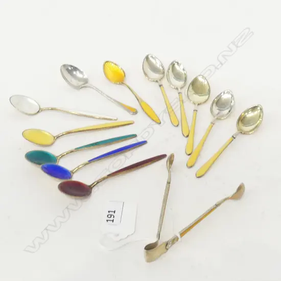 12 ASST ENAMELLED STG SILVER COFFEE SPOONS + TONGS 132 GR