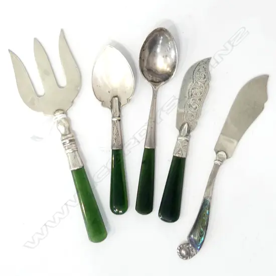 5 PCES ASST. STG CUTLERY; 4 GREENSTONE &1 PAUA  HANDLES