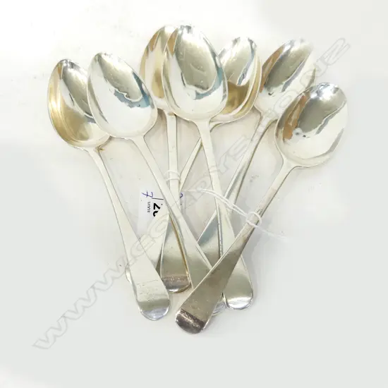 7 GEORGIAN STG SILVER DESSERT SPOONS, LONDON ASST. DATES 240 GM