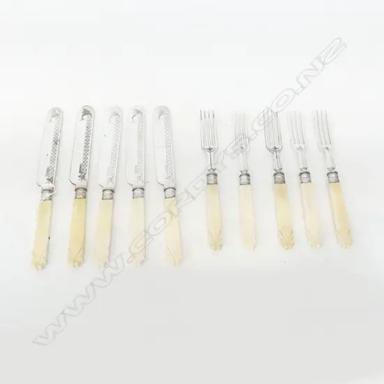 VICTORIAN 10 PC IVORY HANDLE AND SILVER PLATE CUTLERY SET ENGLAND, L.210mm