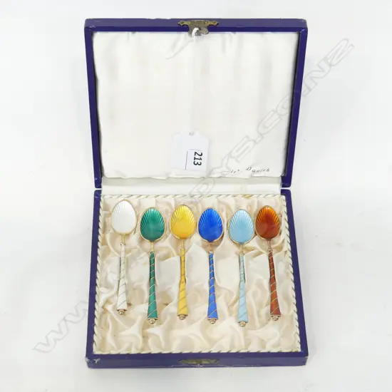 SET OF 6 DANISH ENAMELLED SILVER GILT COFFEE SPOONS, CASED 28 GRAMS