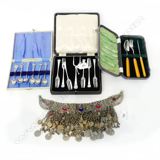 THREE SETS BOXED PLATED SPOONS ETC &  INDIAN ANKLET