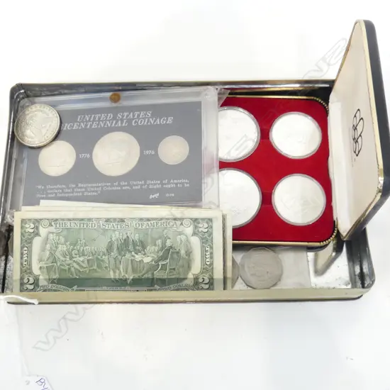 TIN ASST. WORLD NOTES & COINS ETC