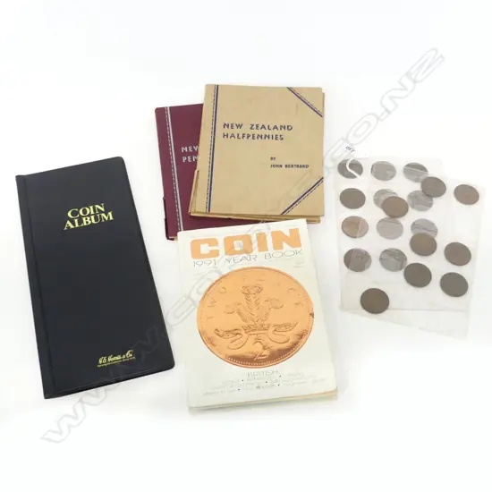 NZ PENNIES & HALF PENNIES  6 ITEMS – TWO BOOKLETS, TWO SLEEVES, EMPTY COIN ALBUM & 1991 COIN YEAR BOOK