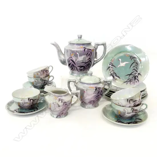 VINTAGE JAPANESE FINE CHINA TEA SET, PALE GREEN LUSTRE FINISH w SWANS, 6 SETTING (missing 1 teacup)