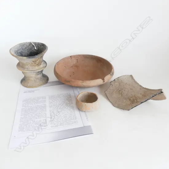 4 PCES THAI BAN CHIANG POTTERY; 2 BOWLS 230mm dia, VASE & FRAGMENT