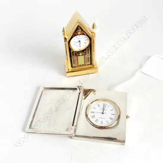 2 SML 'CHASS' CLOCKS, 1 GOLD CATHEDRAL & 1 SILVER METAL BOOK OPENING, BOTH w VELVET LINED BOXES