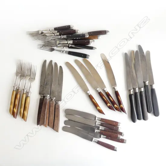 BOX OF VINTAGE GERMAN KNIVES & FORKS w WOOD & HORN HANDLES