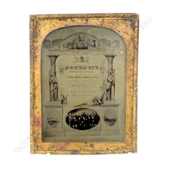 VICTORIAN GLASS PHOTOGRAPHIC ‘SOUVENIR’ PRESENTED IN 1862 TO A MEMBER OF THE GARRICK CLUB IN MALDEN, VICTORIA IN GILT BR