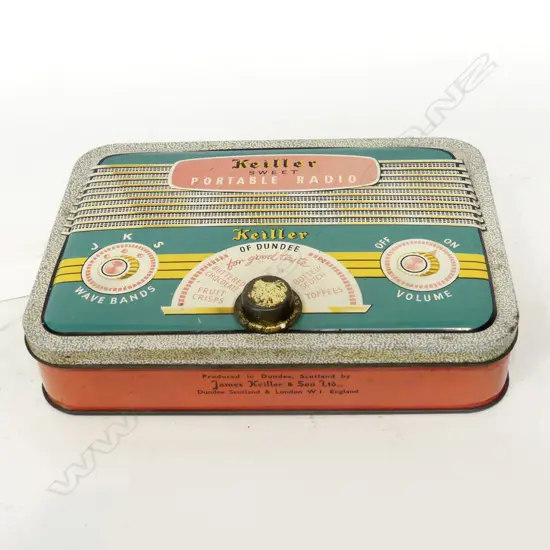 VINTAGE 1950’S ‘PORTABLE RADIO’ SWEET TIN BY JAMES KEILLER & SON DUNDEE, SCOTLAND. LOCKING MECHANISM IS RADIO DIAL KNOB,