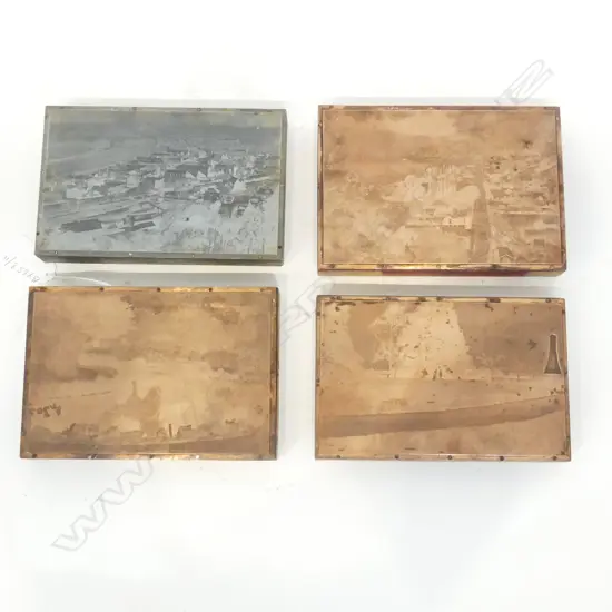 OLD NZ SOUTH ISLAND TOWNS COPPER PRINTERS PLATES – AKAROA, GREYMOUTH, CHRISTCHURCH ETC WOODEN MOUNTED, (ONE METAL), L.16