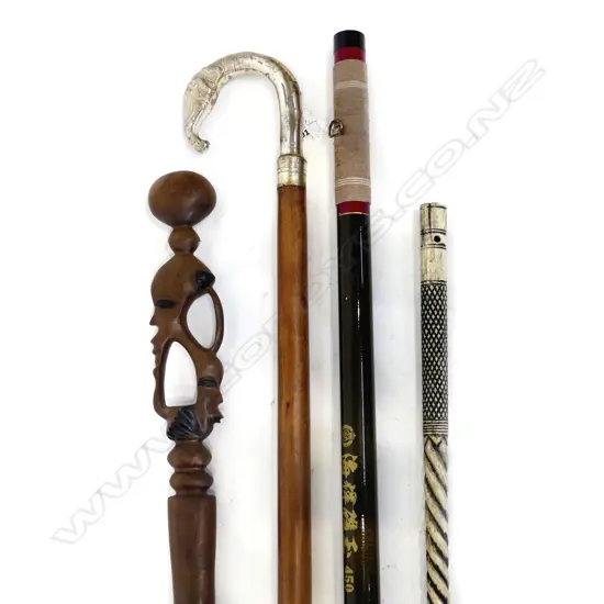 2 WOODEN WALKING STICKS INCL ANTIQUE WHALEBONE CARVED PART A/F AND KOREAN EXTENDING POLE H 1140 MM