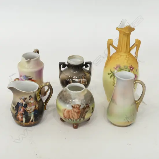 5 ROYAL BAYREUTH MINIATURES WITH ANOTHER VASE H 160 MM SOME FAULTS