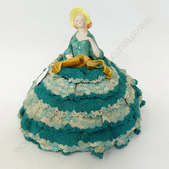 LARGE VINTAGE HALF DOLL MOUNTED ON GREEN HAND WORKED BASE, H.270mm