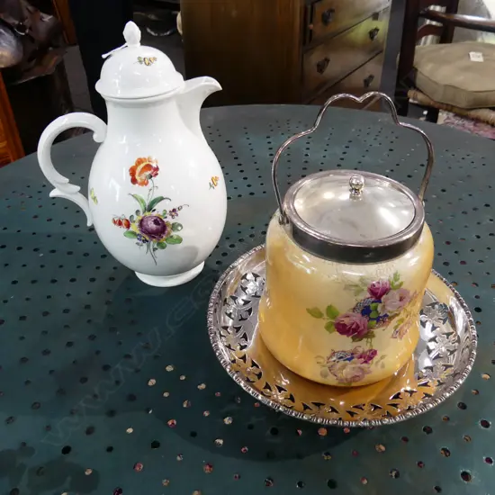 3 PCES; EP DISH 230mm dia, GERMAN PORCELAIN COFFEE POT, BISCUIT BARREL