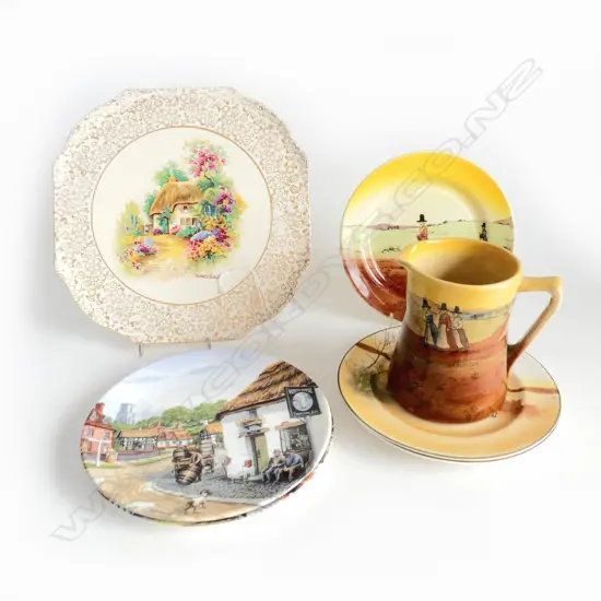 5 ROYAL DOULTON SIDE PLATES (2 MODERN), ROYAL DOULTON JUG & 1 LRG ENGLISH CHINA FLORAL CAKE PLATE