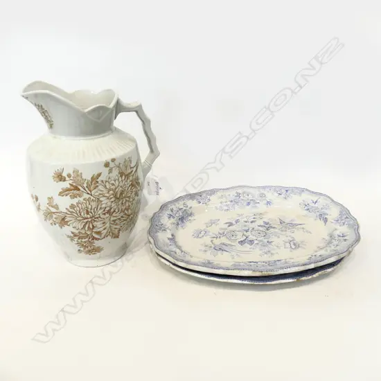 2 LG B/W VICTORIAN ASHETS; ASIATIC PHEASANT PATTERN 325x390mm + LG JUG H.320mm