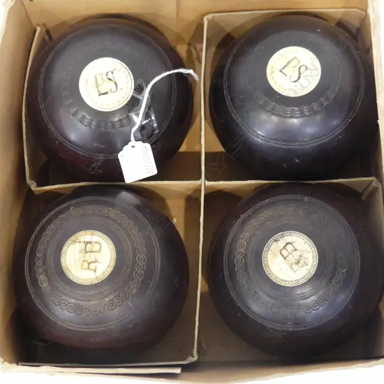 FOUR ANTIQUE LIGNUM VITAE BOWLING BALLS WITH IVORY INSERTS – THOMAS TAYLOR GLASGOW VARIOUS STAMPS N.Z.C ETC