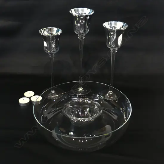 GLASS CANDLE HOLDERS BOXED & GLASS DIP BOWL ( ANN-MARIE)