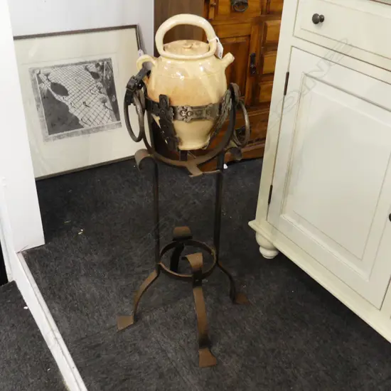 GLAZED CERAMIC TEAPOT ON WROUGHT IRON STAND H.810mm