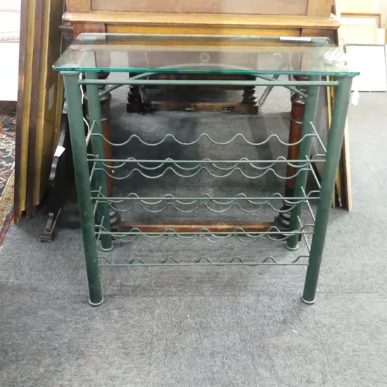 GREEN PAINTED METAL WINE RACK TABLE - GLASS TOP 750x350x770mm