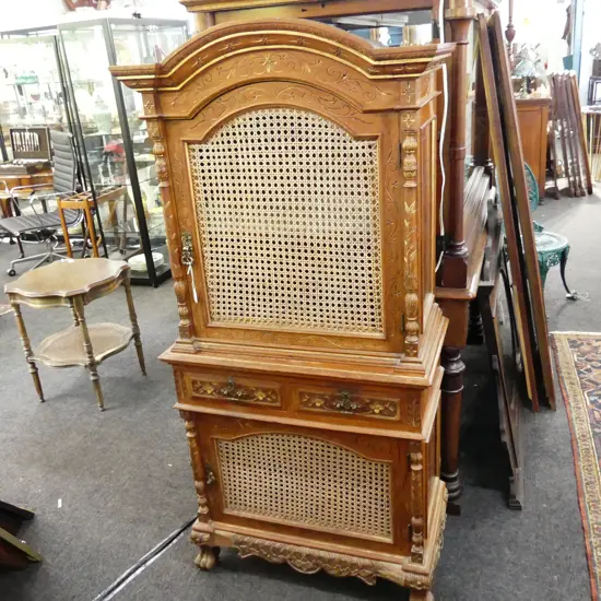 OLD ORIENTAL CARVED HARDWOOD 2 SECTION CABINET 2 carved doors 1 drawer. Gilded H.1575mm