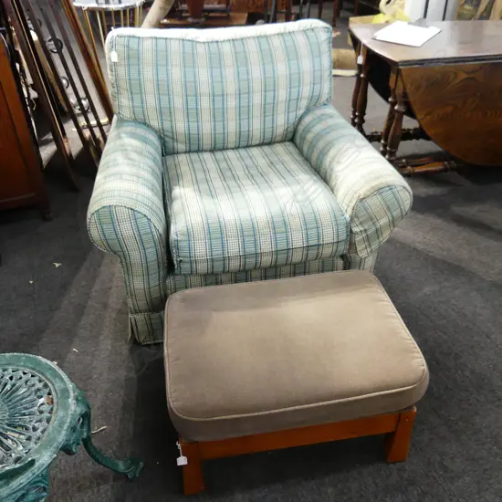 LG UPHOLSTERED ARMCHAIR + FOOTSTOOL