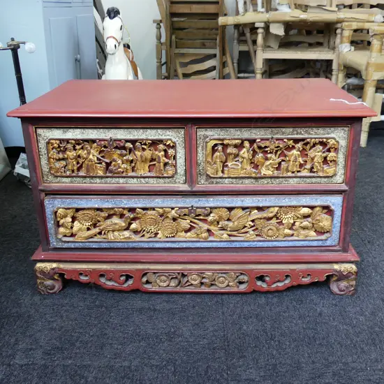 GOOD OLD ORIENTAL RED LACQUER LOW CHEST  3 drawer carved & gilded 495 x 910 x 510mm