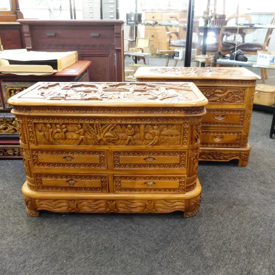 NEAR PAIR CARVED CAMPHOR BEDSIDE DRAWERS