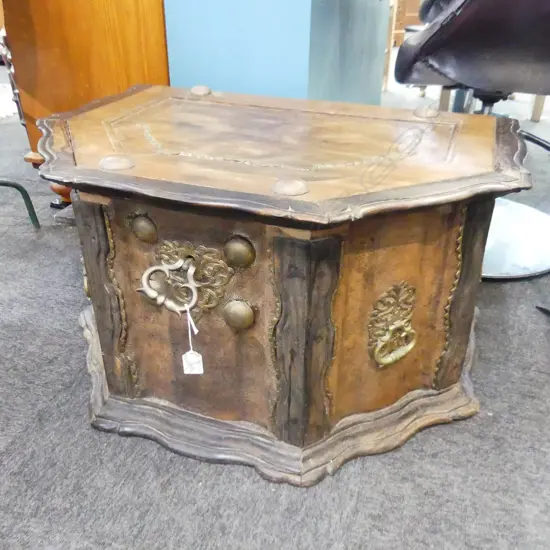 ANTIQUE INDO-DUTCH HINGED LID FANCY CARVED WALNUT TRUNK  5 serpentine panels brass fittings 760 x 530 x 405mm.