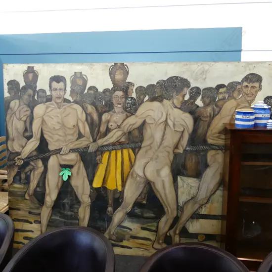 LG CLASSICAL ARTWORK, NUDE MEN PULLING ROPE, OIL ON BOARD 1900x2600mm