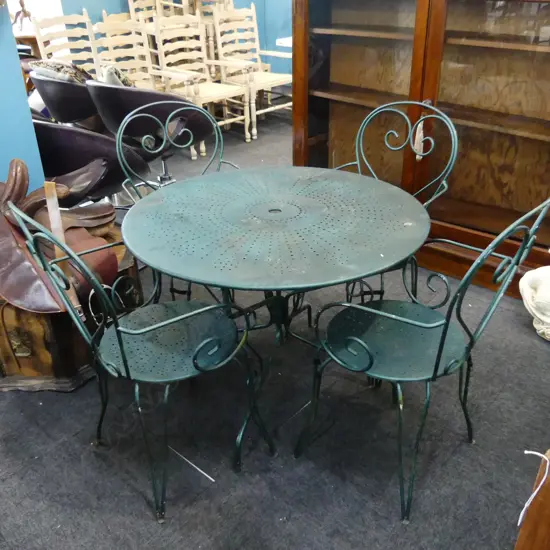 GREEN PAINTED METAL PATIO SET - TABLE 950mm dia & 4 CHAIRS