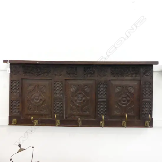 CARVED OAK PANEL WITH BRASS COATHOOKS L1M100MM H500MM
