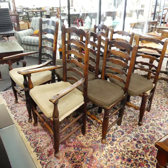 8 19THC ANTIQUE LADDER BACK CHAIRS - 2 ARE CARVERS