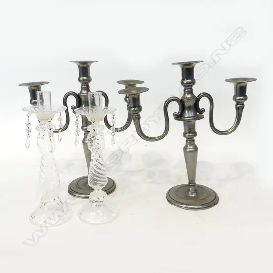 2 PRS CANDLESTICKS: PEWTER H.340mm, GLASS H.275mm