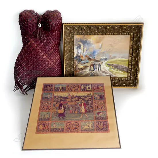 FRAMED LINO CUT OLD RUSSIAN SCENE 485X520mm NAIVE RUSSIAN OIL ON BOARD IN GILT FRAME 310X400mm & WOVEN ISLAND TORSO 